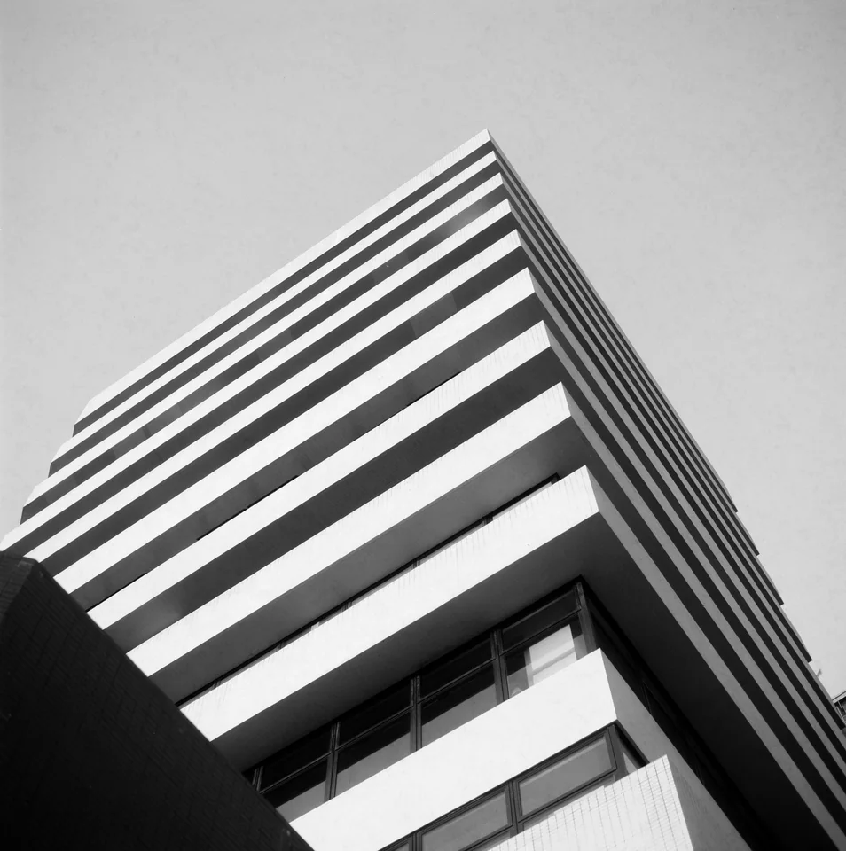 A black-and-white study of a building’s lines